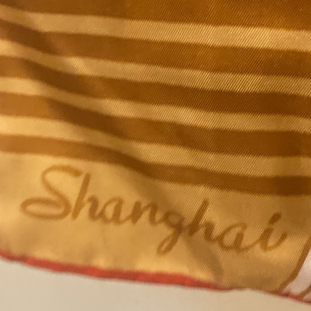 Vintage Fall Triangle Shanghai Silk Scarf Gold and Brown Accents. One small spot